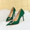 BIG TREE Shoes 3265-k6 European and American Style Fashion Banquet High Heels Stiletto Heel Shallow Mouth Pointed Toe Satin Metal Rhinestone Buckle Pumps Women