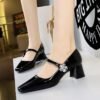 BIGTREE SHOES 5288-k87 European and American Style Retro Banquet Women's Shoes Mid Heel Chunky Heel Low-Cut Square Toe Strap Rhinestone Buckle Pumps Women