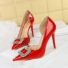 BIGTREE SHOES 638-K32 European and American Banquet High Heels Patent Leather Stilettos Shallow Mouth Pointed Toe Side Hollow out Rhinestone Buckle Super High Heel Shoes