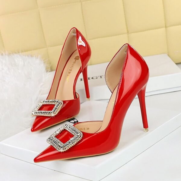 BIGTREE SHOES 638-K32 European and American Banquet High Heels Patent Leather Stilettos Shallow Mouth Pointed Toe Side Hollow out Rhinestone Buckle Super High Heel Shoes