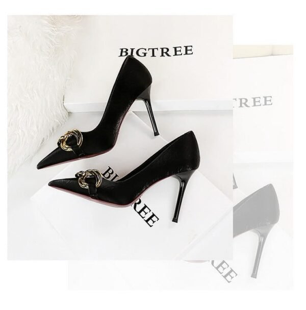 7239-1 European And American Fashion Slim Thin-heeled Super High-heeled Women's Shoes Shallow Pointed Big Metal Buckle Shoes