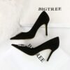 Bigtree Shoes 516-k69 European and American Fashion Banquet High Heels Women's Shoes Stiletto Suede Shallow Mouth Pointed Toe Rhinestone Buckle High Heel Pumps