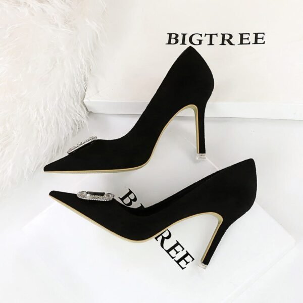 Bigtree Shoes 516-k69 European and American Fashion Banquet High Heels Women's Shoes Stiletto Suede Shallow Mouth Pointed Toe Rhinestone Buckle High Heel Pumps