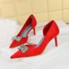 BIGTREE SHOES 6168-Ak51 Korean Style High Heel Stiletto Low Mouth Pointed Side Hollow Cloth Surface Metal Rhinestone Bow Buckle Pumps