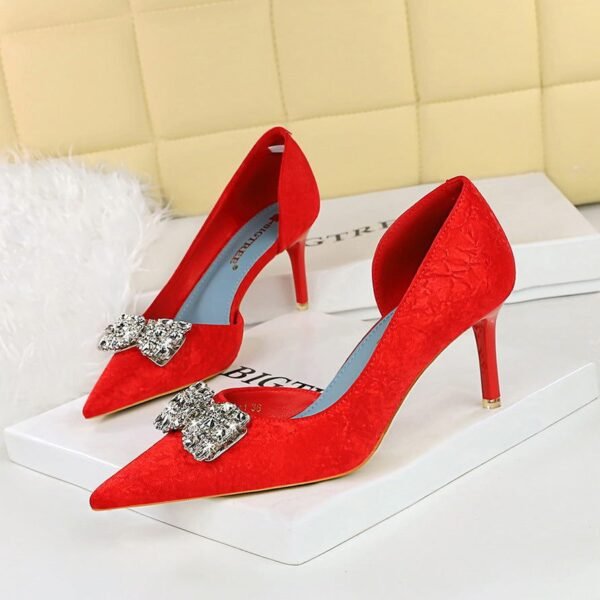 BIGTREE SHOES 6168-Ak51 Korean Style High Heel Stiletto Low Mouth Pointed Side Hollow Cloth Surface Metal Rhinestone Bow Buckle Pumps