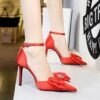 BIGTREE SHOES 9863-H33 European and American Style High Heels Women's Shoes Shallow Mouth Pointed Hollow Satin Bow Strap High Heel Sandals