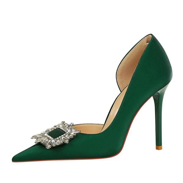 BIG TREE Shoes 626-K3 European and American Style Thinner Super High Heel Women's Shoes Stiletto Low-Cut Pointed-Toe Metal Rhinestone Buckle Side Empty Shoes