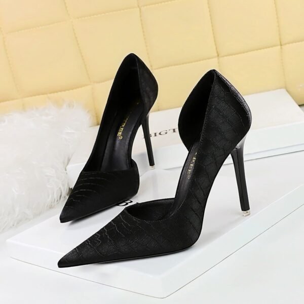 BIG TREE SHOES 1298-5 Korean Style Fashion Banquet High Heel Shoes Stiletto Women's Shoes Vintage Stone Pattern Satin Side Hollow High Heel Pumps