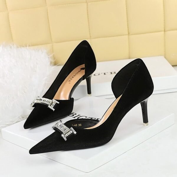 BIGTREE SHOES 1363-Ak80 Banquet High Heels Women's Shoes Stiletto Suede Shallow Mouth Pointed Side Hollow Metal Rhinestone Buckle Pumps