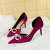 BIGTREE SHOES 1363-Ak79 Banquet Women's Shoes High Heel Suede Shallow Mouth Pointed Side Hollow Rhinestone Buckle Pearl Bow Pumps