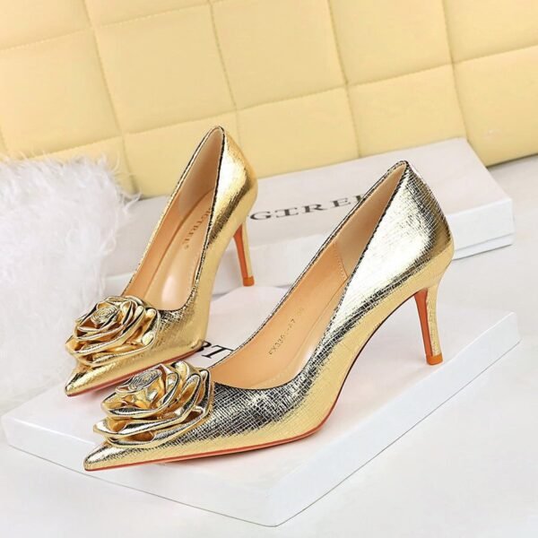 BIGTREE SHOES 3391-ah56 European and American Style Banquet High Heels Women's Shoes Stiletto Heel Shallow Mouth Pointed Flower Rose Pumps