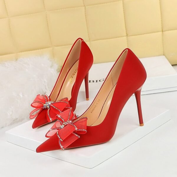 BIGTREE SHOES 3265-H38 European and American Banquet Light Luxury High Heels Women's Shoes Stiletto Low-Cut Pointed Mesh Lace Bow Pumps