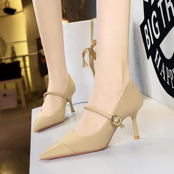 BIGTREE SHOES 9116-A3 Banquet High Heels Stiletto Low-Cut Pointed Corduroy Metal Buckle Ankle-Strap High Heel Pumps Women