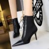 BIG TREE SHOES 1838-1 Korean Fashion Slimming Female Boots Stiletto Heel Shallow Mouth Pointed-Toe Lace Cross Strap Ankle Boots