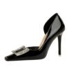 BIGTREE SHOES 3287-K70 European and American Banquet High Heels Stiletto Heel Shallow Mouth Square Toe Patent Leather Metal Rhinestone Buckle Pumps