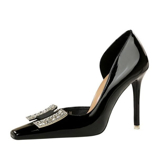 BIGTREE SHOES 3287-K70 European and American Banquet High Heels Stiletto Heel Shallow Mouth Square Toe Patent Leather Metal Rhinestone Buckle Pumps