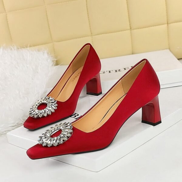 7c3dc56ac3e87787ec407f98ae117c21 BIG TREE SHOES 6186-k29 European and American Style Fashion Banquet High Heel Women's Shoes Thick Heel Satin Low-Cut Square Toe Metal Rhinestone Buckle Pumps