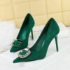 BIGTREE SHOES 825-K52 Banquet High Heels Women's Shoes Stiletto Heel Shallow Mouth Pointed Toe Suede Metal Rhinestone Belt Buckle Pumps