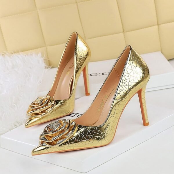 BIGTREE SHOES 1983-H56 Banquet High Heels Women's Shoes Shallow Mouth Pointed Toe European and American Style Metal Stone Pattern Flower Super High Heel Shoes