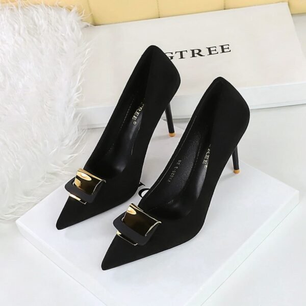 7e64ebcf52e149e0fd37489a3b5a76bd BIGTREE SHOES 825-K56 European and American Style Super High Heel Women's Shoes Stiletto Suede Shallow Mouth Pointed Toe Metal Buckle Decorative Pumps High Heels