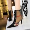BIG TREE SHOES 8788-13 Korean Style Fashion Stiletto High Heel Pointed Toe Plaid Colorblock Suede Lace-up Trendy Cross Strap Ankle Boots