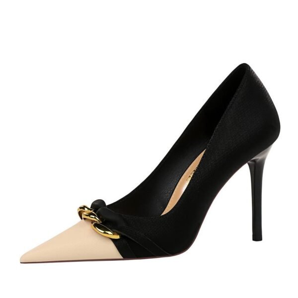 BIG TREE SHOES 9283-2 European and American Style Banquet High Heels Stiletto Heel Shallow Mouth Color-Blocking Pointed Metal Chain Decorative Women's Thin Shoes