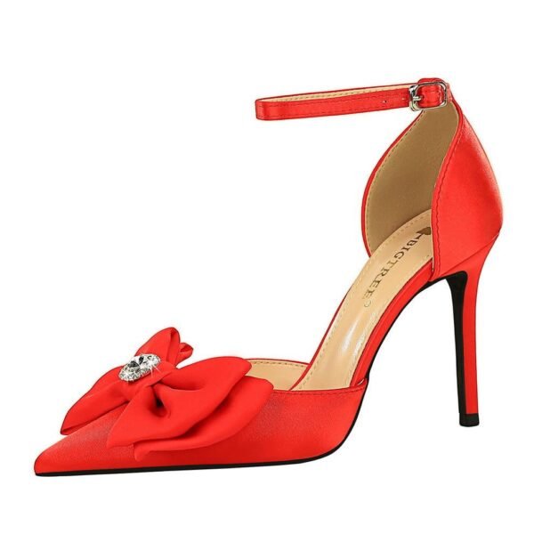 BIGTREE SHOES 9863-H33 European and American Style High Heels Women's Shoes Shallow Mouth Pointed Hollow Satin Bow Strap High Heel Sandals