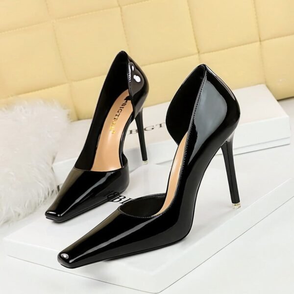 BIG TREE SHOES 328 7-1 European and American Style Simple Stiletto Heel Women's Shoes Shiny Patent Leather Low-Cut Square Toe Side Hollow High Heel Pumps