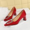 BIGTREE SHOES 6186-k66 European and American Style Banquet Spring and Autumn Women's Shoes Chunky Heel High Heel Satin Square Toe Metal Rhinestone Buckle Pumps Female