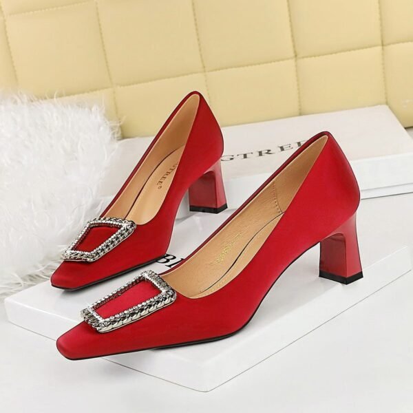BIGTREE SHOES 6186-k66 European and American Style Banquet Spring and Autumn Women's Shoes Chunky Heel High Heel Satin Square Toe Metal Rhinestone Buckle Pumps Female