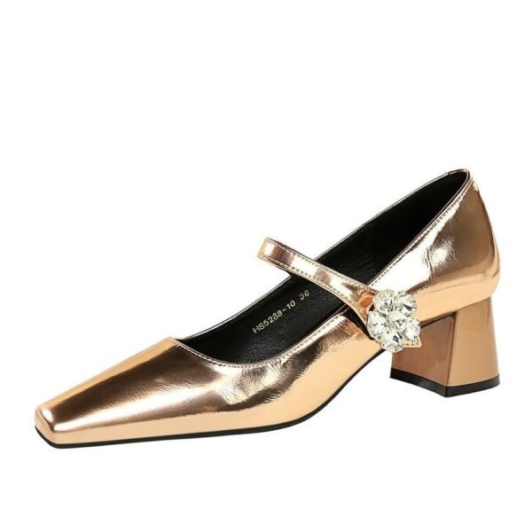 BIGTREE SHOES 5288-k87 European and American Style Retro Banquet Women's Shoes Mid Heel Chunky Heel Low-Cut Square Toe Strap Rhinestone Buckle Pumps Women