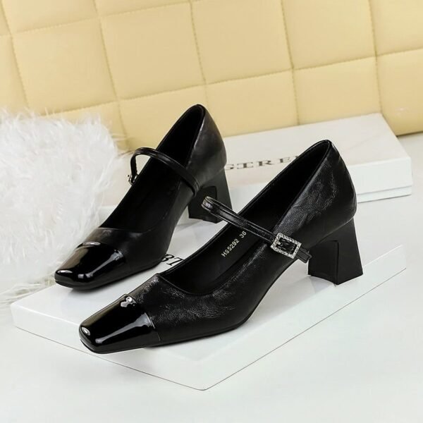 BIGTREE SHOES 5292 Retro European American Style Mid Heel Chunky Heel Low-Cut Stitching Square Head Rhinestone Buckle Ankle-Strap Shoes Spring and Autumn Women's Shoes