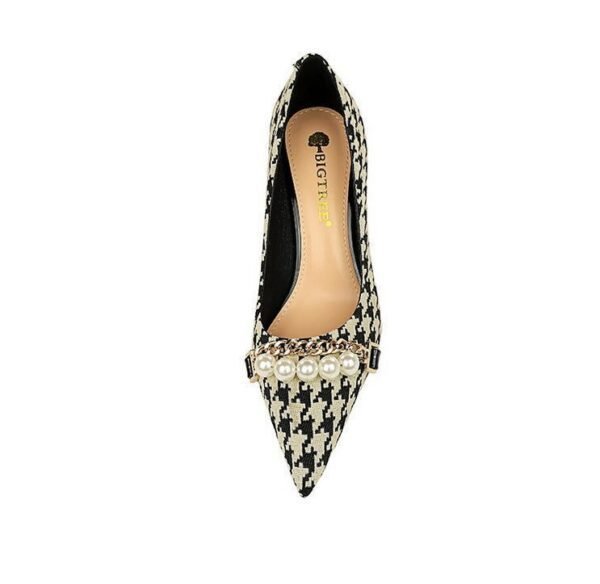 819cddbd62678dc1d5c719fb895160ba 9283-A1 European and American thin-heeled high-heeled shallow-pointed cloth plaid houndstooth metal chain pearl shoes