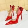 BIG TREE SHOES 638-H35m European and American Banquet High Heels Patent Leather Stilettos Shallow Mouth Pointed Toe Side Hollow Back Rhinestone Bow Pumps