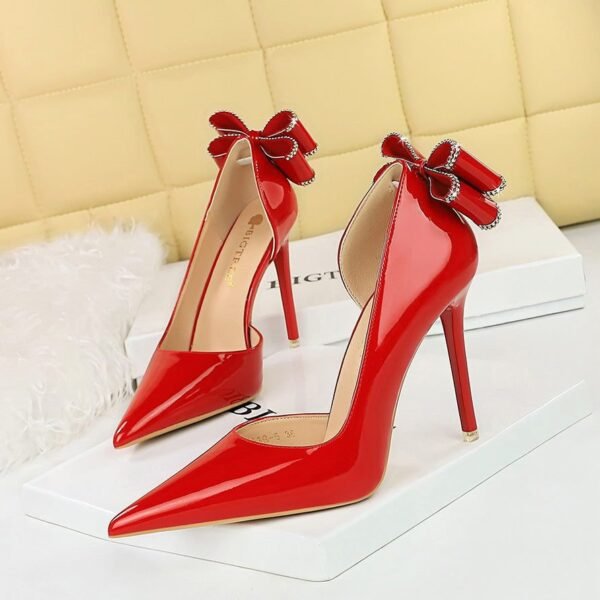 BIG TREE SHOES 638-H35m European and American Banquet High Heels Patent Leather Stilettos Shallow Mouth Pointed Toe Side Hollow Back Rhinestone Bow Pumps