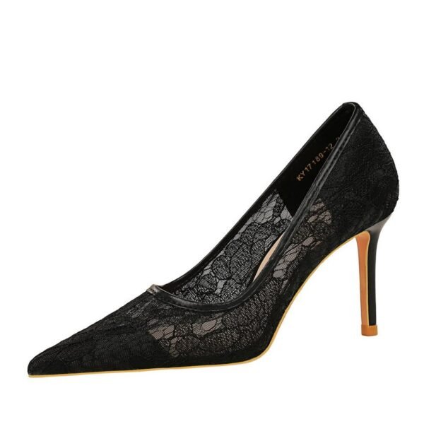 BIG TREE SHOES 1963-1 European and American Banquet Women's Shoes Skinny High Heels Low-Cut Pointed-Toe Stilettos High Heel Mesh Hollow-out Lace Shoes