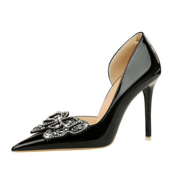 BIG TREE SHOES 638-H23 European and American Banquet Super High Heel Banquet Women's Shoes Patent Leather Stilettos Shallow Mouth Pointed Toe Rhinestone Bow Pumps