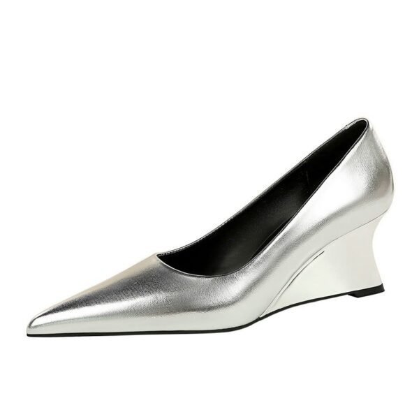 Bigtree Shoes 2905-8 European and American Style Retro Metal Shallow Mouth Pointed Women's Shoes Wedge Heels Pedicure Slimming Banquet Wedge Shoes Women