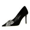 Bigtree Shoes 9511-H29 European and American Banquet High Heels Stiletto Heel Suede Shallow Mouth Pointed Toe Rhinestone Bow Pumps Women