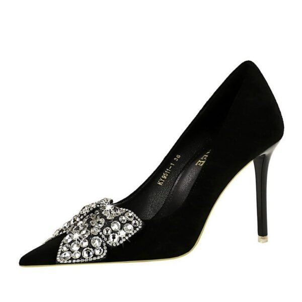 Bigtree Shoes 9511-H29 European and American Banquet High Heels Stiletto Heel Suede Shallow Mouth Pointed Toe Rhinestone Bow Pumps Women