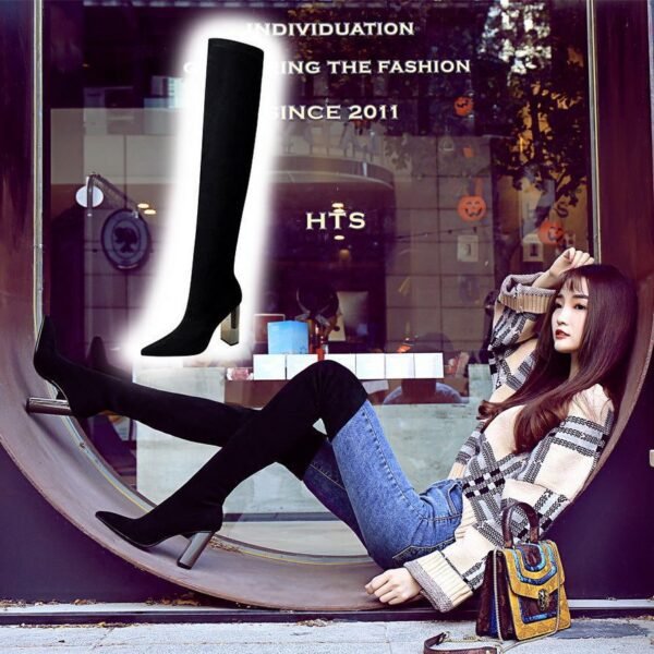 BIG TREE SHOES 3128-6 European and American Fashion Metal Heel Chunky Heel High Heel Suede Pointed Toe Thinner Pedicure over-the-Knee Boots