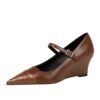 BIGTREE SHOES 6639-3 Retro European American Style Stitching Pointed High Heel Wedge Ankle-Strap Shoes Women's Shoes Shallow Mouth Pointed Toe Wedge Heels