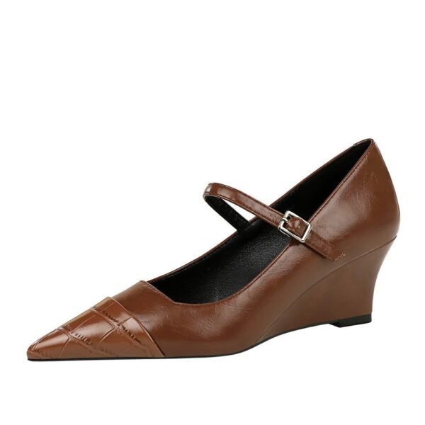 BIGTREE SHOES 6639-3 Retro European American Style Stitching Pointed High Heel Wedge Ankle-Strap Shoes Women's Shoes Shallow Mouth Pointed Toe Wedge Heels