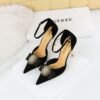 283-19 Retro European American Style Ultra High Heel Suede Shallow Mouth Pointed Toe Rhinestone Metal Buckle Bow Hollow Strap