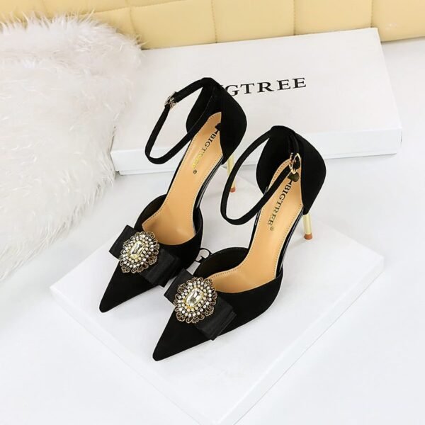 283-19 Retro European American Style Ultra High Heel Suede Shallow Mouth Pointed Toe Rhinestone Metal Buckle Bow Hollow Strap