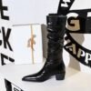 big tree shoes 009-18 Retro European American Style Women's over-the-Knee Boots Chunky Heel Mid Heel Pointed Wrinkled Surface Glossy High Leg Boot Knight Boots