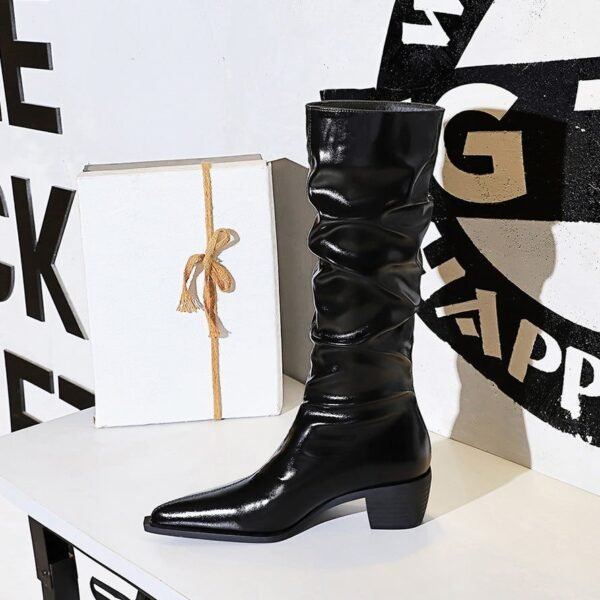 big tree shoes 009-18 Retro European American Style Women's over-the-Knee Boots Chunky Heel Mid Heel Pointed Wrinkled Surface Glossy High Leg Boot Knight Boots