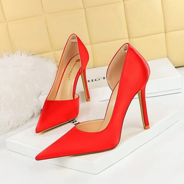 88f9cecee77e99d5f59115f492b551ce BIG TREE 3165-8 European and American Fashion Minimalist Super High Heel Stiletto Satin Shallow Mouth Pointed Side Hollow High Heels Women's Thin Shoes