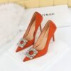 Big Tree Shoes 1983-K1 European and American Style Spring and Autumn Banquet High Heels Women's Shoes Super High Heel Shallow Mouth Pointed Toe Satin Rhinestone Buckle Pumps