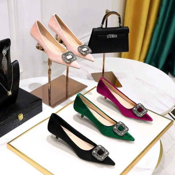 BIGTREE SHOES 237-K83 Banquet European and American Style Women's Shoes Stiletto Mid-Heel Shallow Mouth Pointed Toe Thick Suede Metal Rhinestone Buckle Pumps